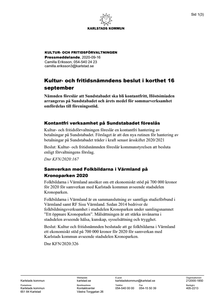 ​Kultur- och fritidsnämndens beslut i korthet 16 september