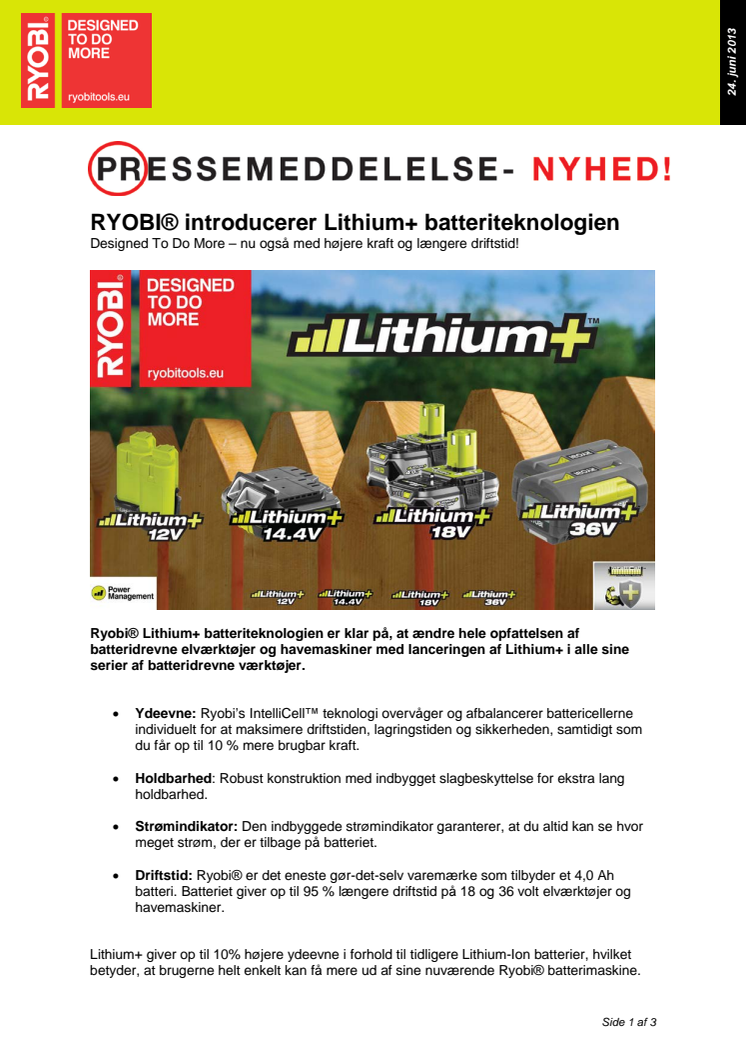 RYOBI® introducerer Lithium+ batteriteknologien