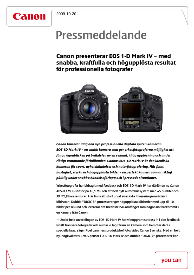 Canon presenterar EOS 1-D Mark IV – med snabba, kraftfulla och högupplösta resultat för professionella fotografer