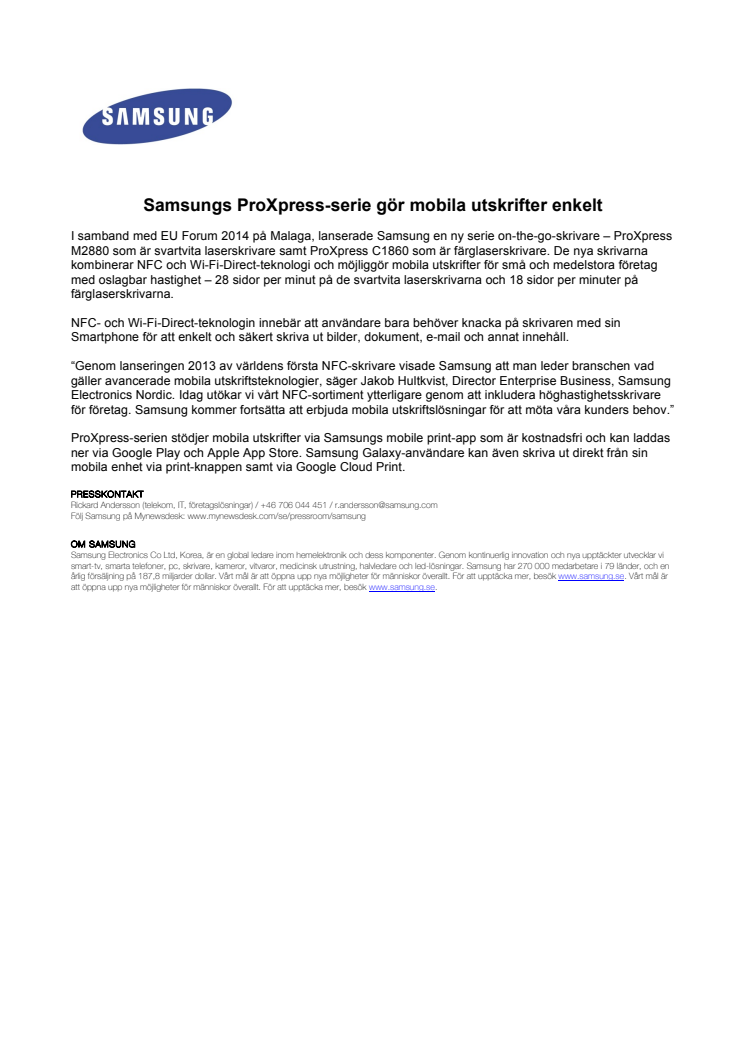Samsungs ProXpress-serie gör mobila utskrifter enkelt  