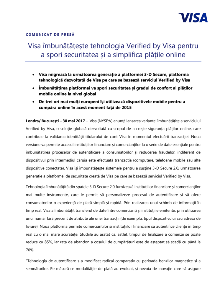 Visa îmbunătățește tehnologia Verified by Visa pentru a spori securitatea și a simplifica plățile online