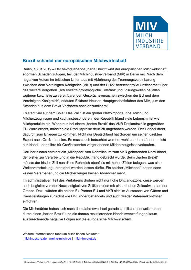 Brexit schadet der europäischen Milchwirtschaft