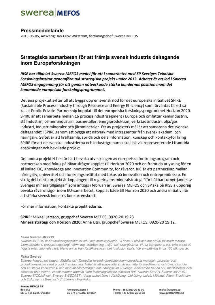 Strategiska samarbeten för att främja svensk industris deltagande inom Europaforskningen 