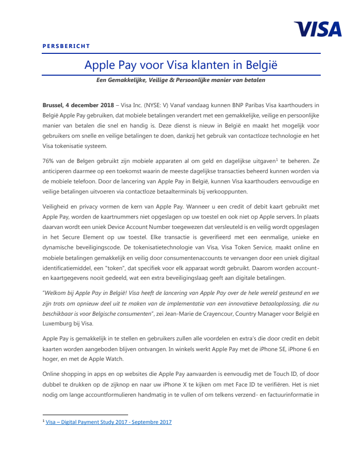 Apple Pay voor Visa klanten in België