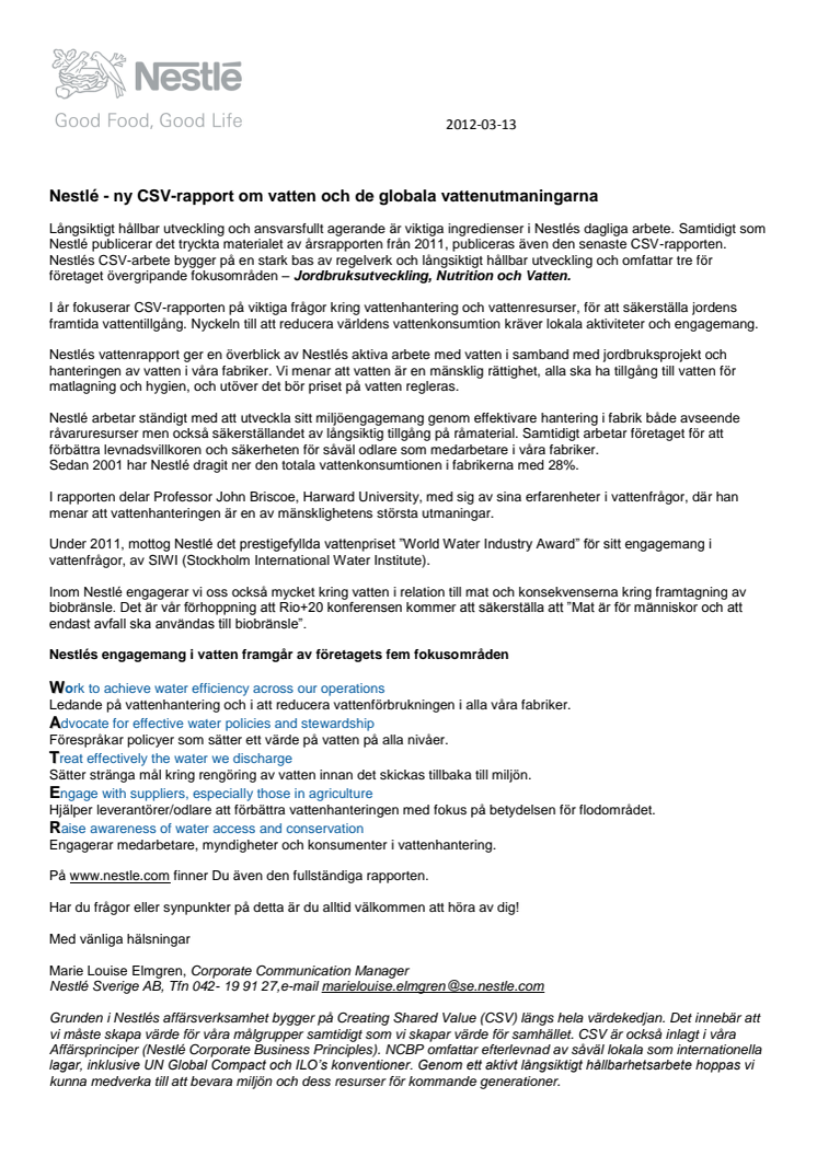 Nestlé - ny CSV-rapport om vatten och de globala vattenutmaningarna