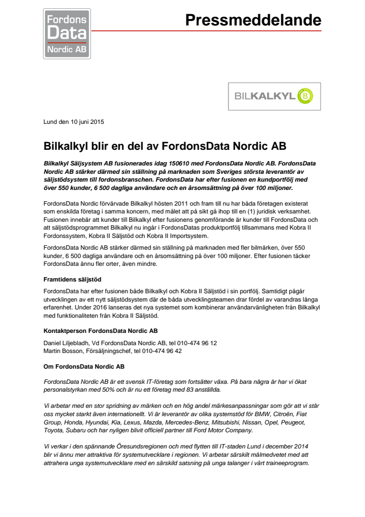 Bilkalkyl blir en del av FordonsData Nordic AB