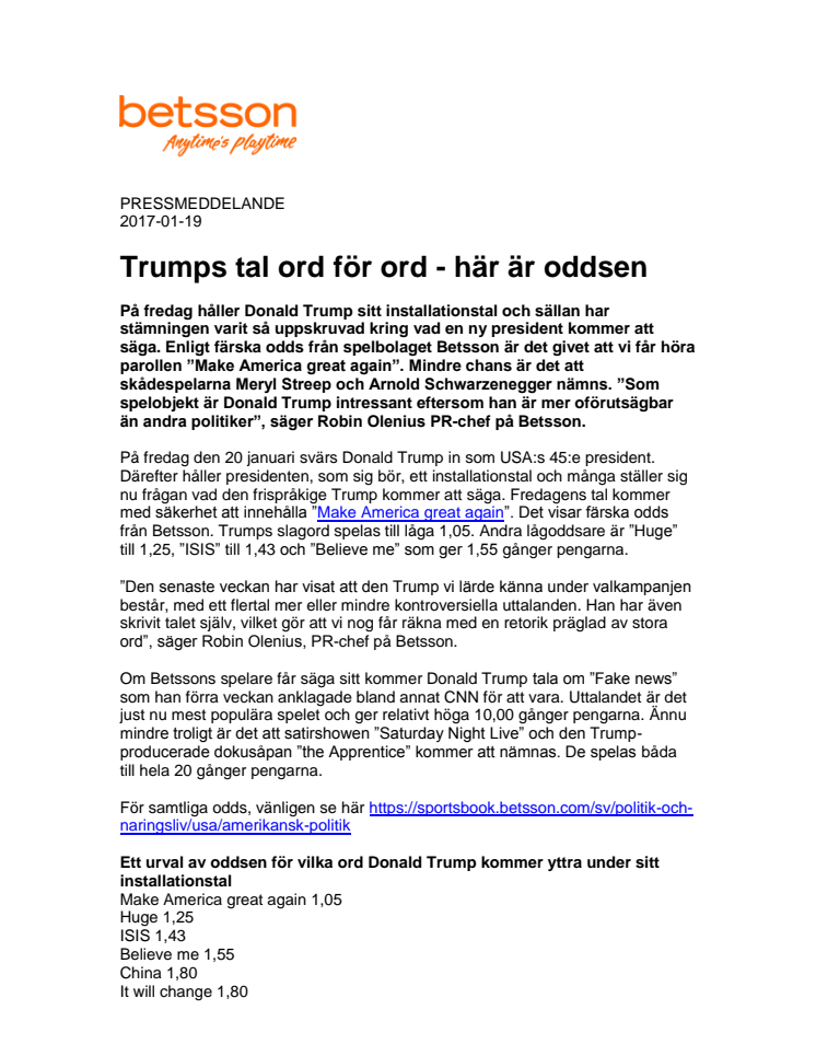 Trumps tal ord för ord - här är oddsen