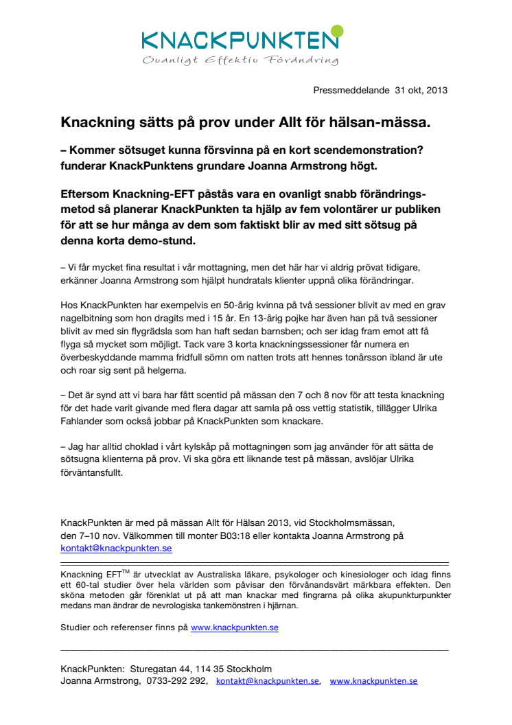 Nu sätts Knackning EFT på prov på mässan Allt för Hälsan 2013