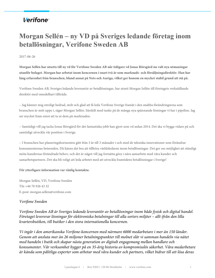 Morgan Sellén – ny VD på Sveriges ledande företag inom betallösningar, Verifone Sweden AB