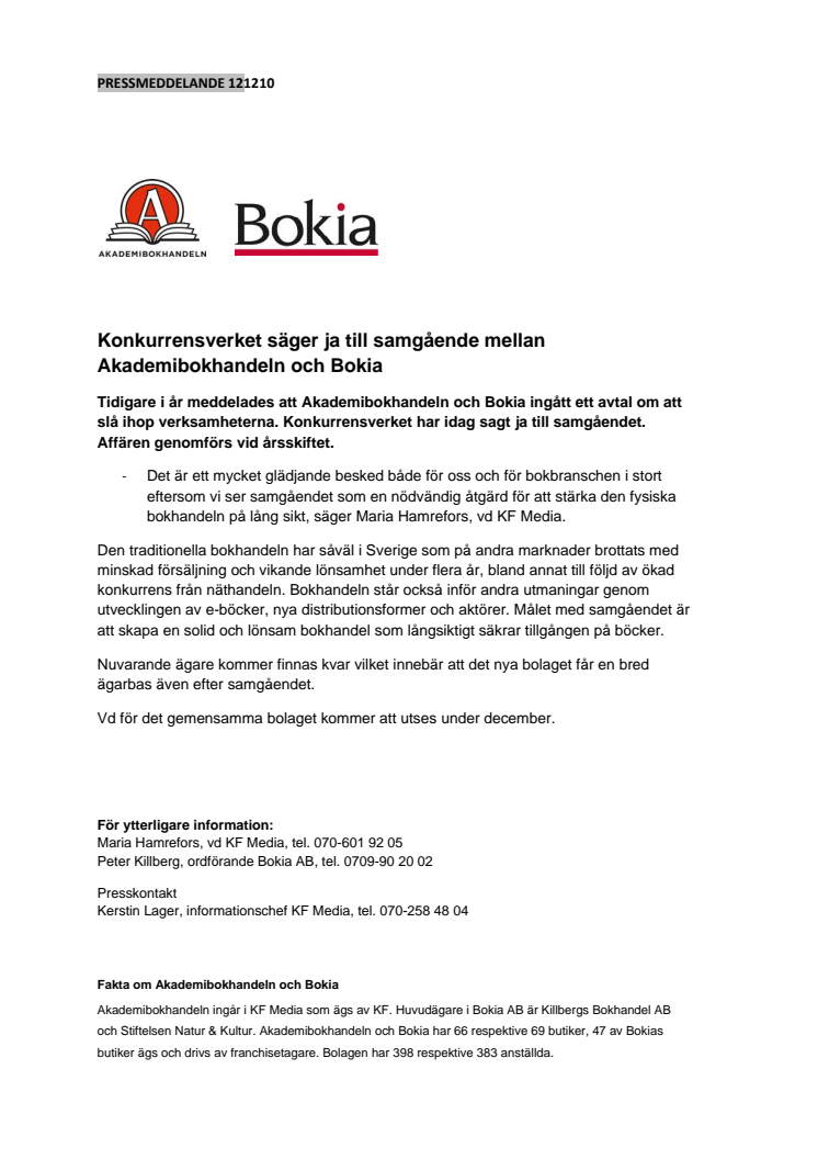 Konkurrensverket säger ja till samgående mellan Akademibokhandeln och Bokia