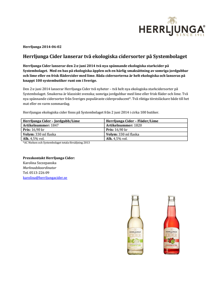 Herrljunga Cider lanserar två ekologiska cidersorter på Systembolaget!