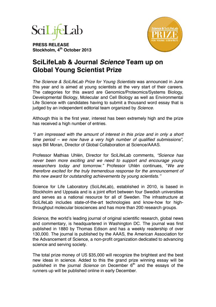 SciLifeLab & Journal Science Team up on Global Young Scientist Prize
