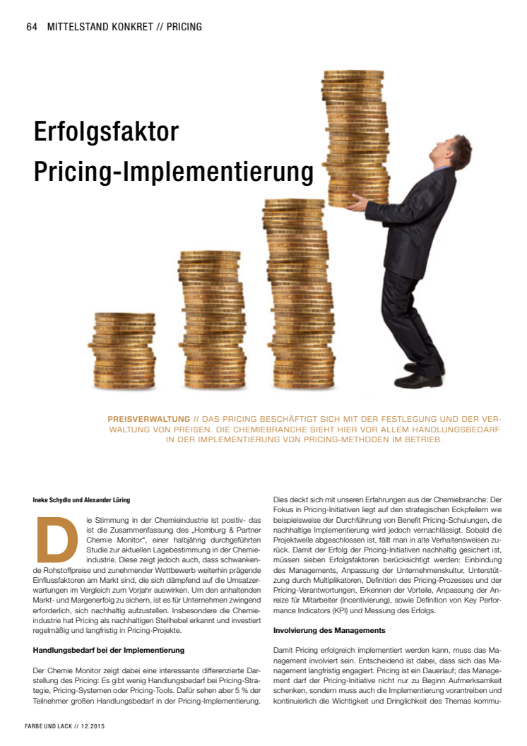 "Erfolgsfaktor Pricing-Implementierung": Artikelveröffentlichung von Alexander Lüring und Ineke Schydlo in der FARBE UND LACK 