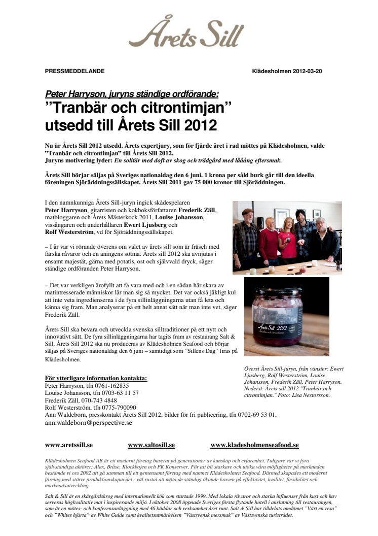 Tranbär och citrontimjan  utsedd till Årets Sill 2012 