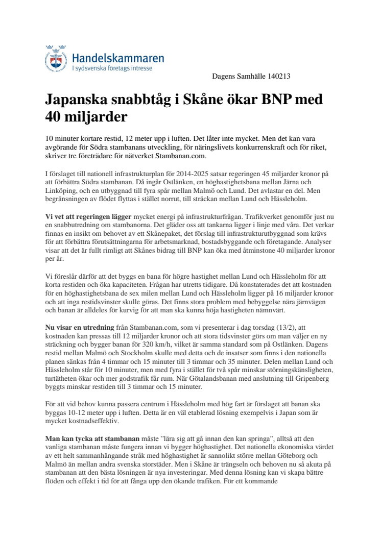 Japanska snabbtåg i Skåne ökar BNP med 40 miljarder