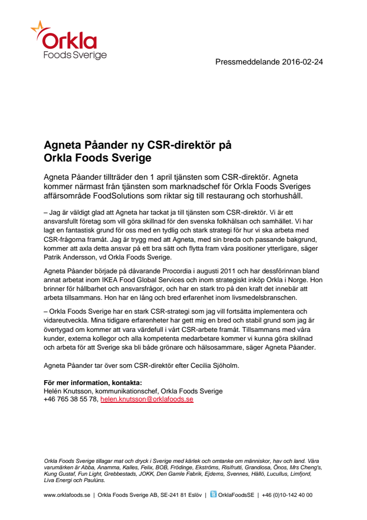 Agneta Påander ny CSR-direktör på Orkla Foods Sverige