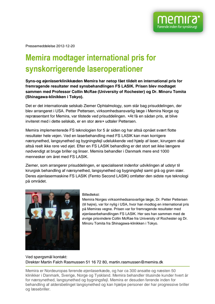Memira modtager international pris for synskorrigerende laseroperationer