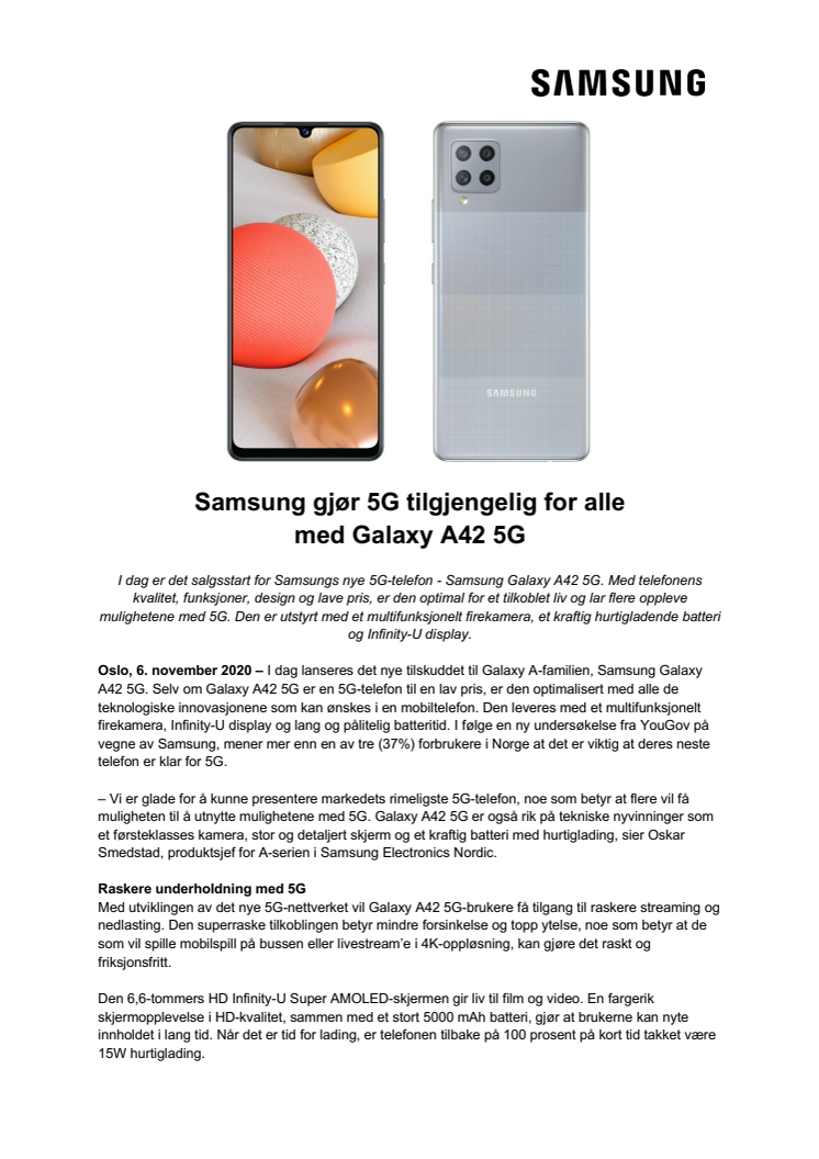 Samsung gjør 5G tilgjengelig for alle med Galaxy A42 5G