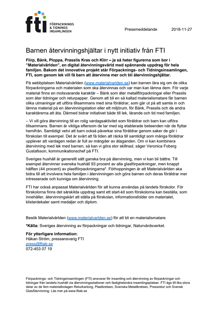 Barnen återvinningshjältar i nytt initiativ från FTI