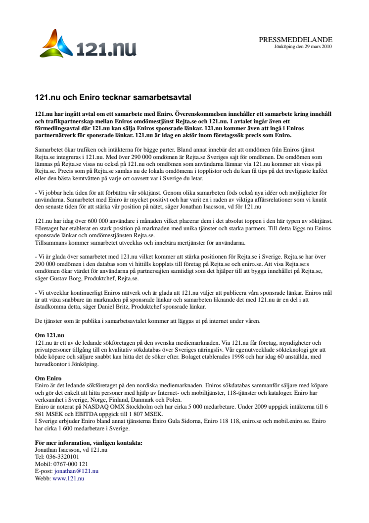 121.nu och Eniro tecknar samarbetsavtal