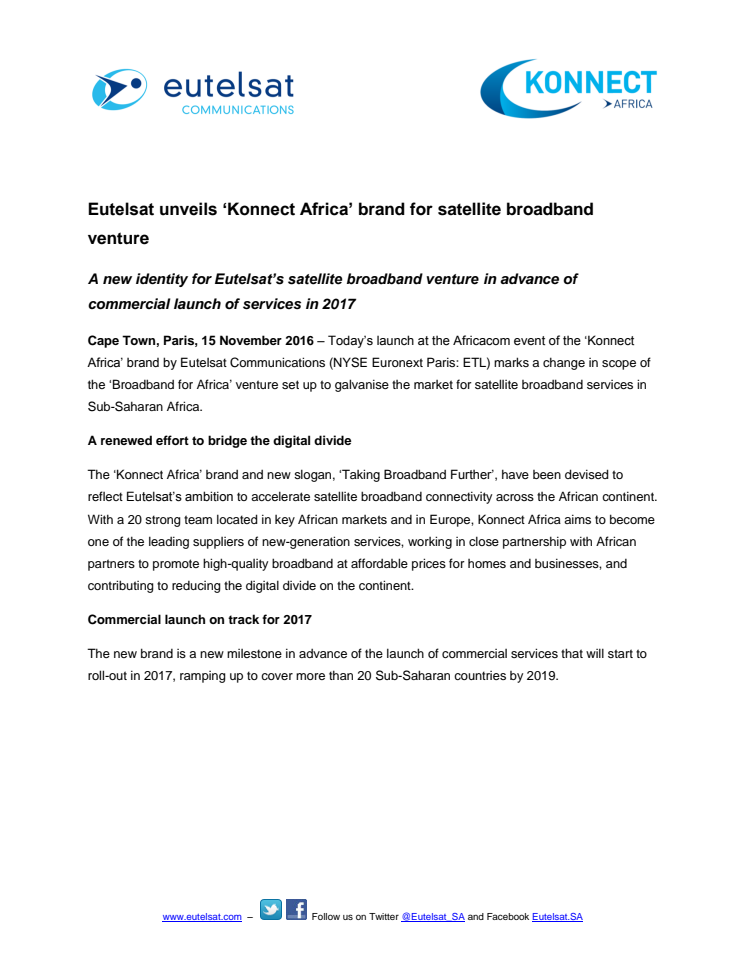 Eutelsat unveils ‘Konnect Africa’ brand for satellite broadband venture