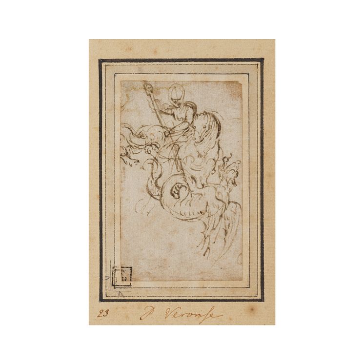 Paolo Caliari dit Veronese - Saint George terrassant le dragon, Plume et encre brune 9,5 x 5,2 cm