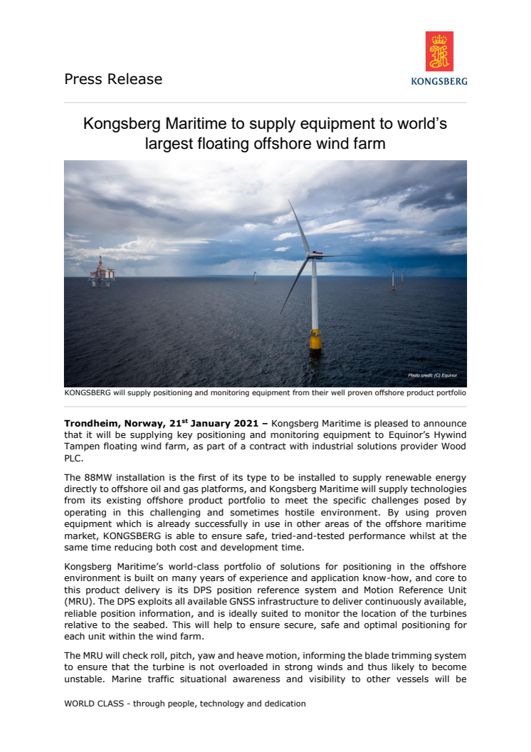 Kongsberg Maritime to supply equipment to world’s largest floating offshore wind farm