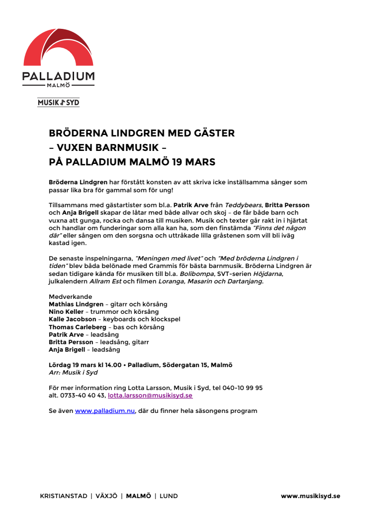 Bröderna Lindgren med gäster – Vuxen barnmusik – på Palladium Malmö 19 mars