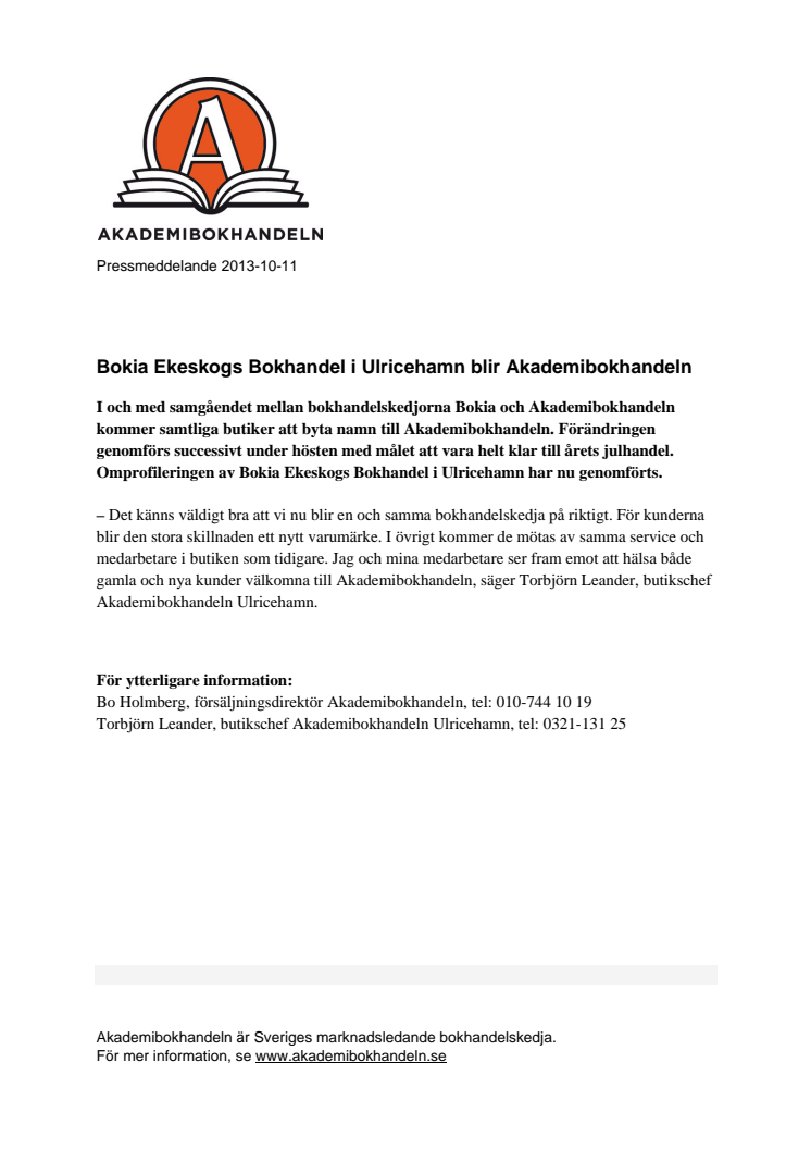Bokia Ekeskogs Bokhandel i Ulricehamn blir Akademibokhandeln 