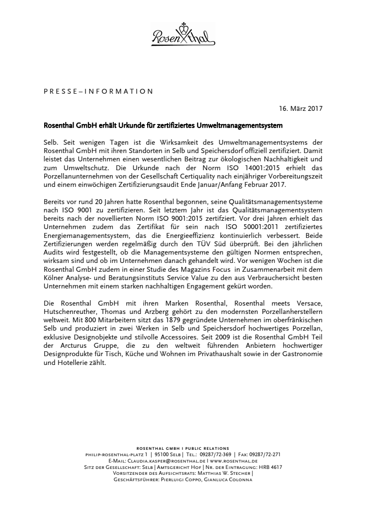 Rosenthal GmbH erhält Urkunde für zertifiziertes Umweltmanagementsystem 