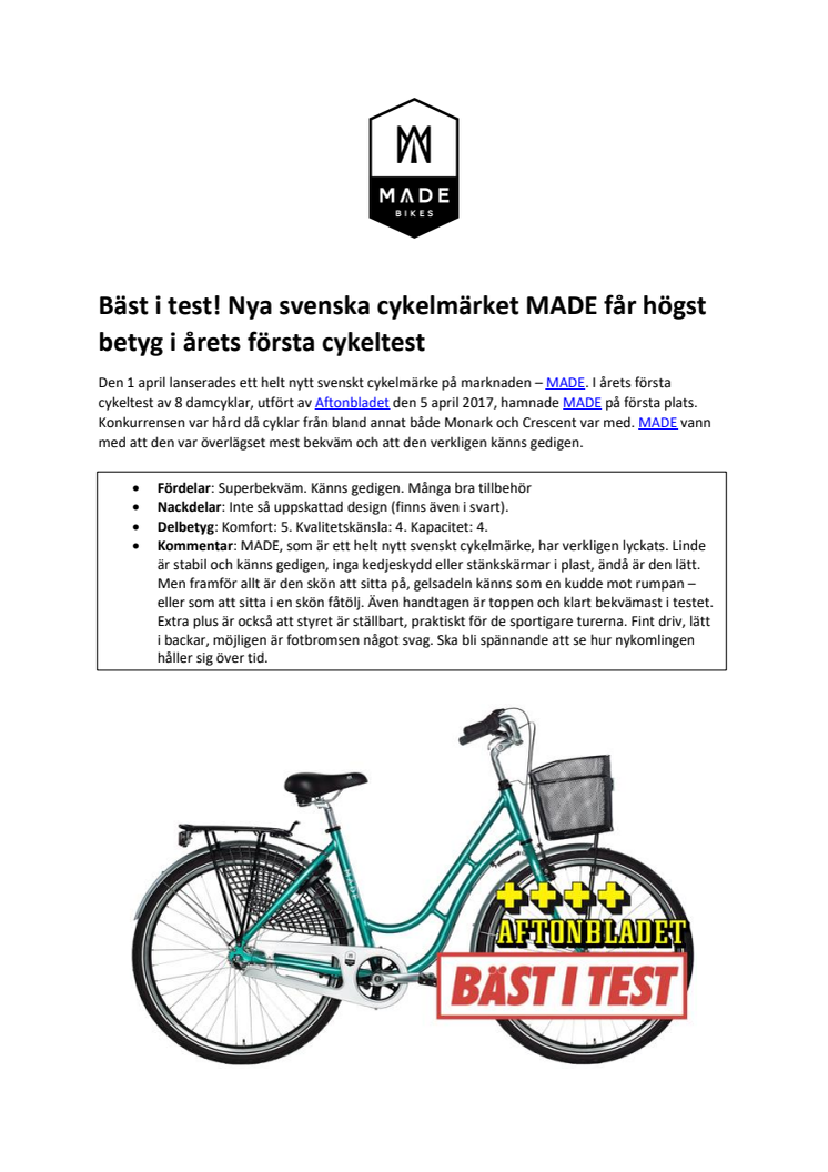Bäst i test! Nya svenska cykelmärket MADE får högst betyg i årets första cykeltest