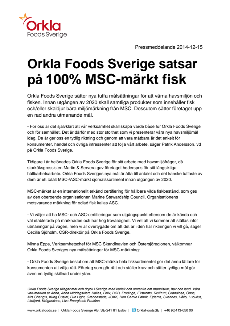 Orkla Foods Sverige satsar på 100% MSC-märkt fisk
