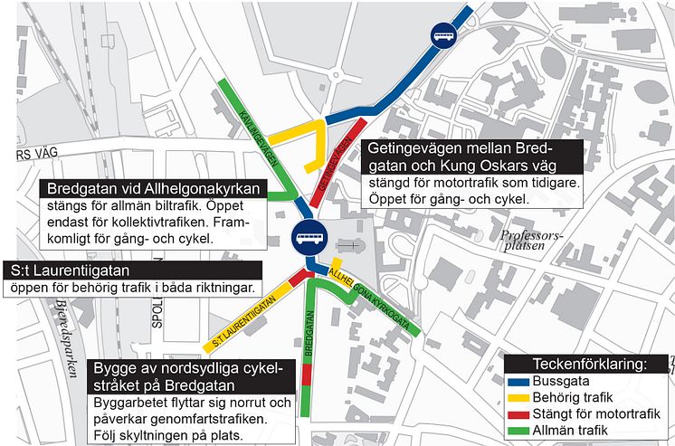 Bredgatan vid Allhelgonakyrkan stängs för biltrafik den 24 oktober. Avstängningen gäller fram till februari, 2018.