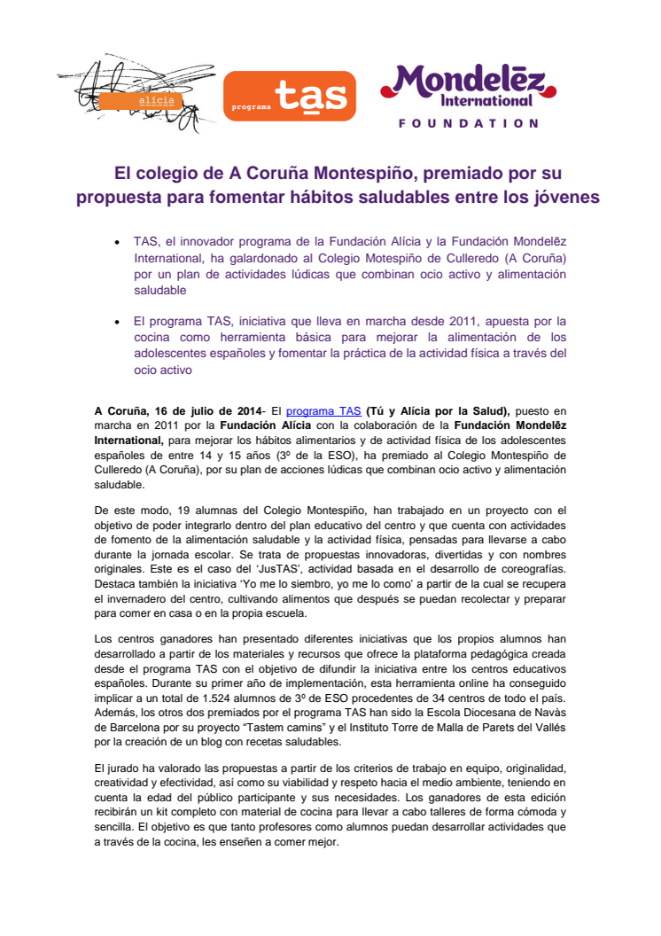 El colegio de A Coruña Montespiño, premiado por su propuesta para fomentar hábitos saludables entre los jóvenes