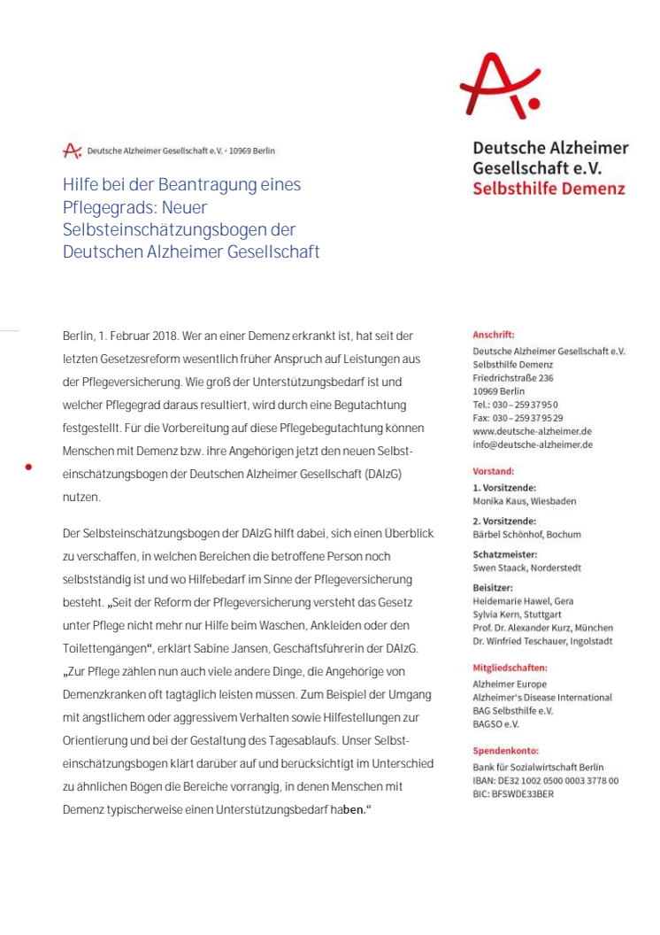 Hilfe bei der Beantragung eines Pflegegrads: Neuer Selbsteinschätzungsbogen der Deutschen Alzheimer Gesellschaft