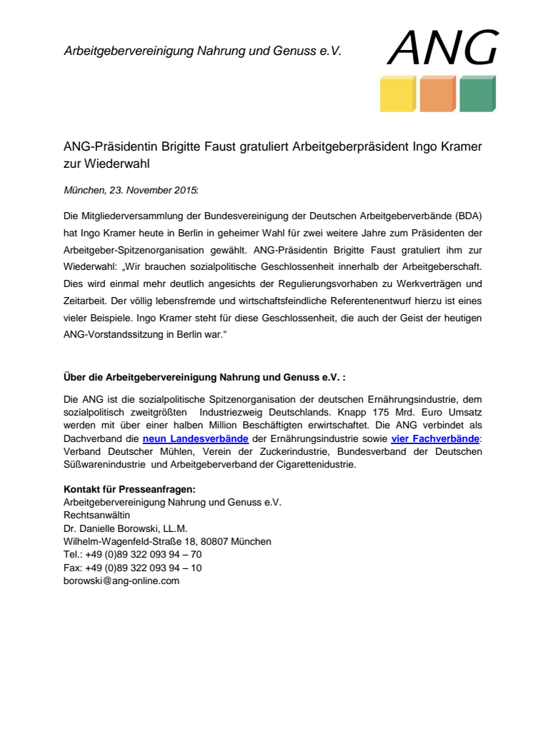 ANG-Präsidentin Brigitte Faust gratuliert Arbeitgeberpräsident Ingo Kramer zur Wiederwahl
