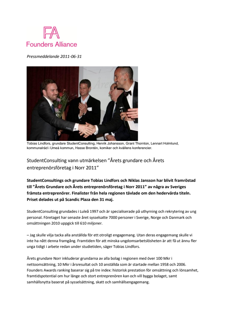 StudentConsulting vann utmärkelsen ”Årets grundare och Årets entreprenörsföretag i Norr 2011” 