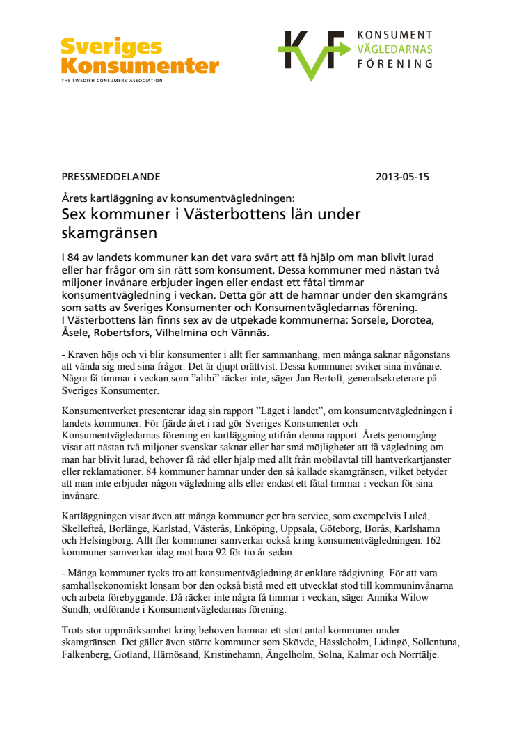 Sex kommuner i Västerbottens län under skamgränsen