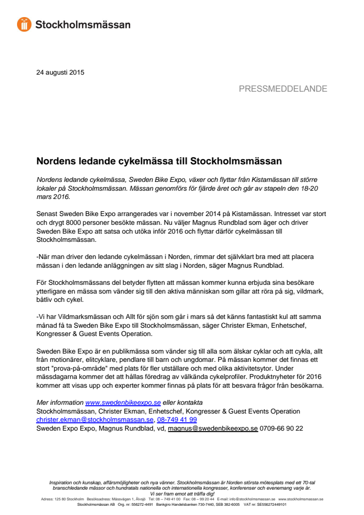Nordens ledande cykelmässa till Stockholmsmässan