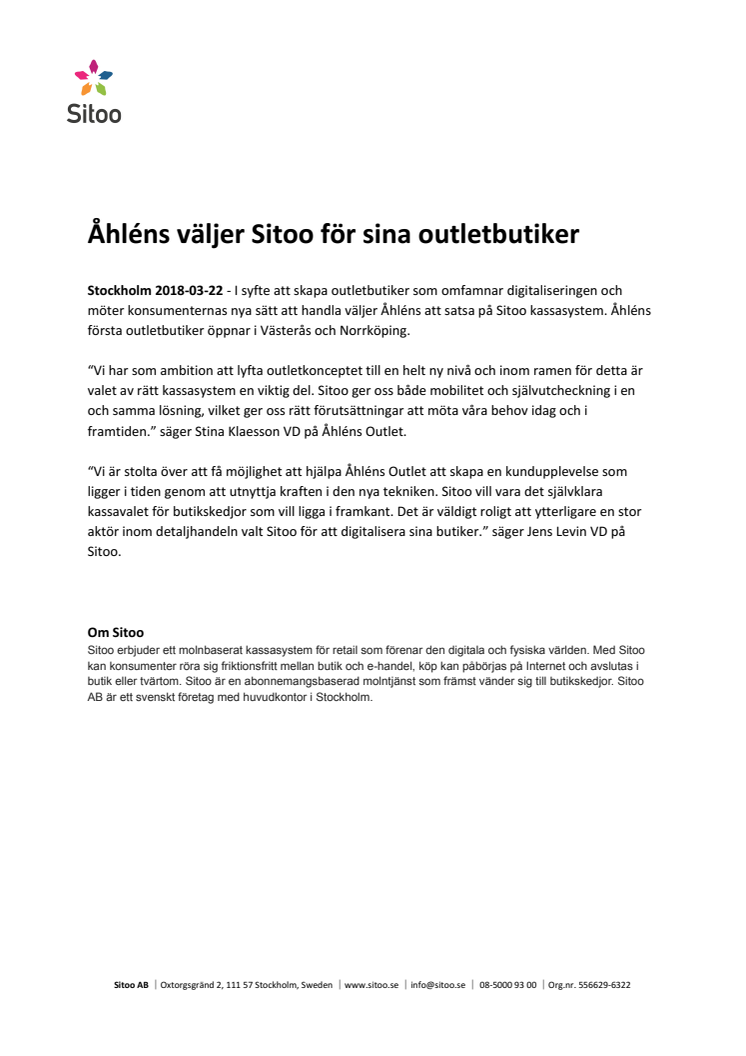​Åhléns väljer Sitoo för sina outletbutiker