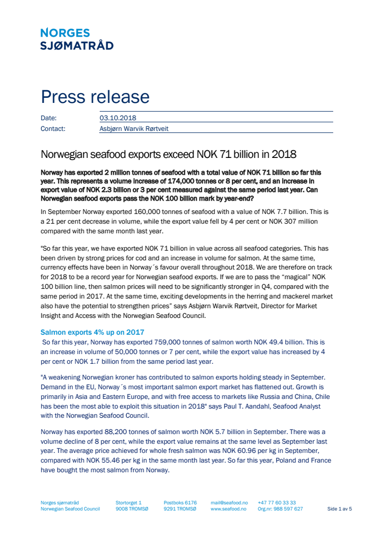 Norwegian seafood exports exceed NOK 71 billion in 2018 