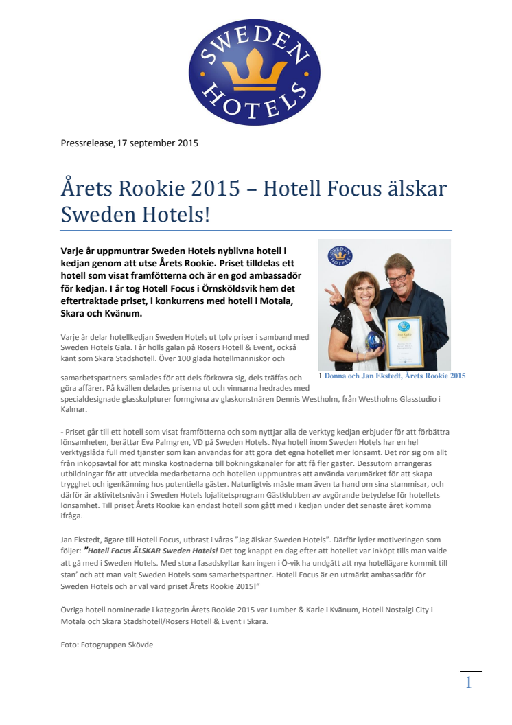 Årets Rookie 2015 – Hotell Focus älskar Sweden Hotels!