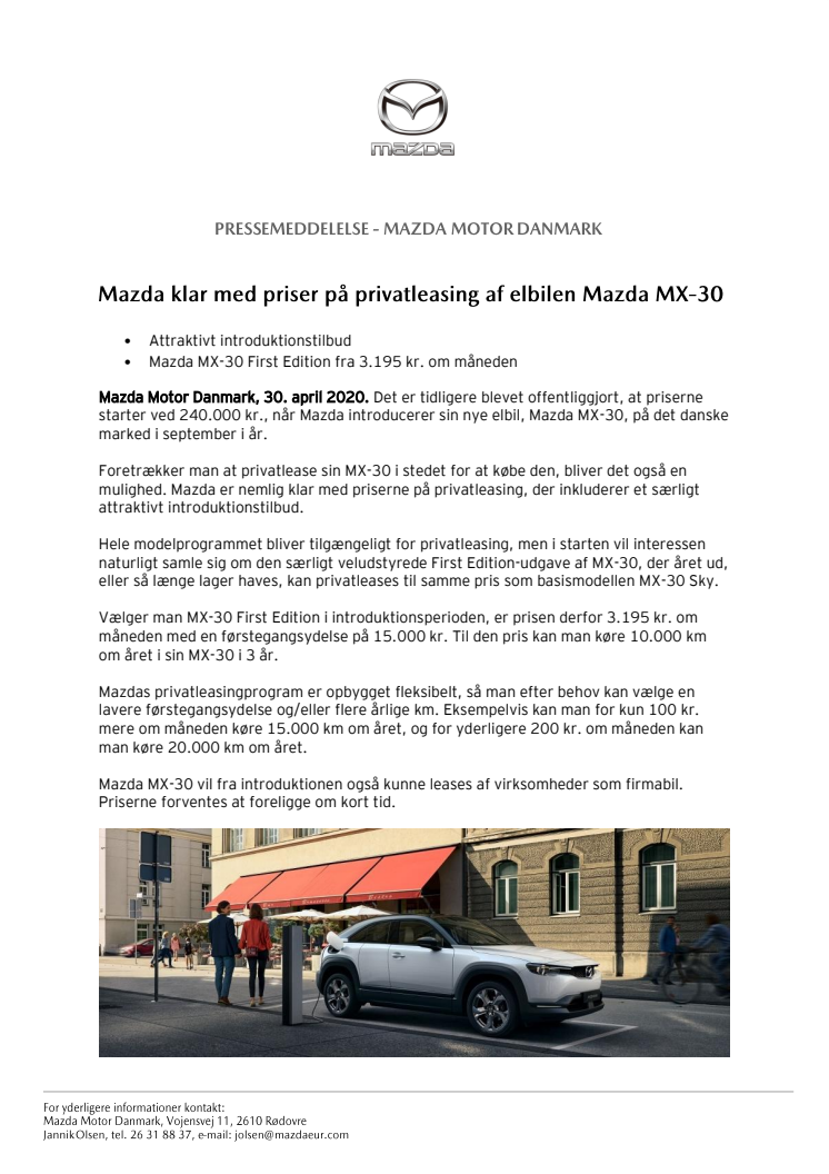 Mazda klar med priser på privatleasing af elbilen Mazda MX-30