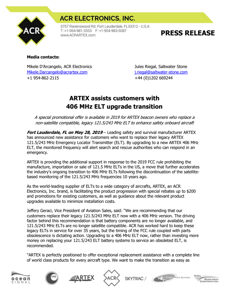 ARTEX assists customers with  406 MHz ELT upgrade transition