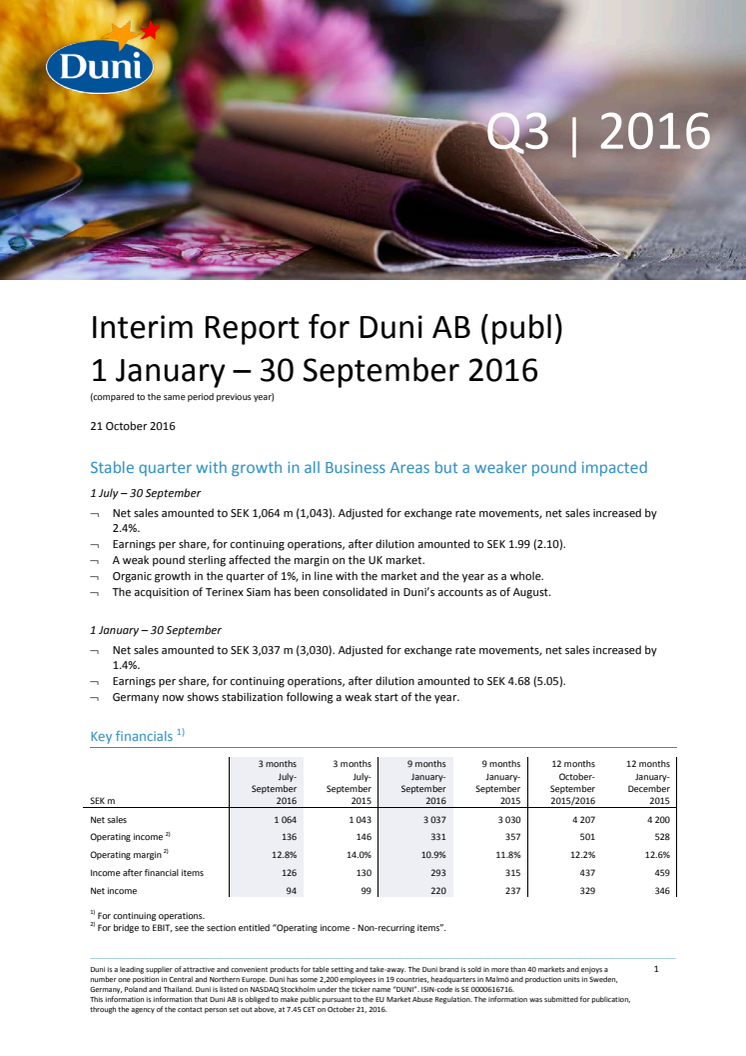 Interim Report for Duni AB (publ) 1 January – 30 September 2016