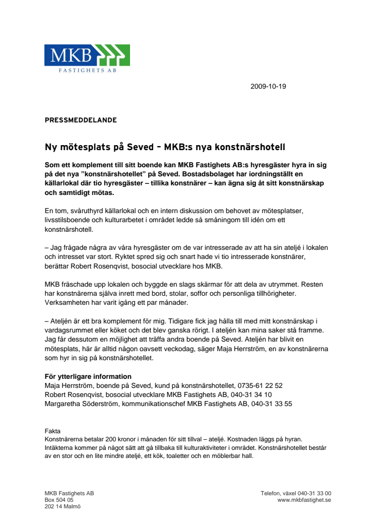Ny mötesplats på Seved - MKB:s ny konstnärshotell