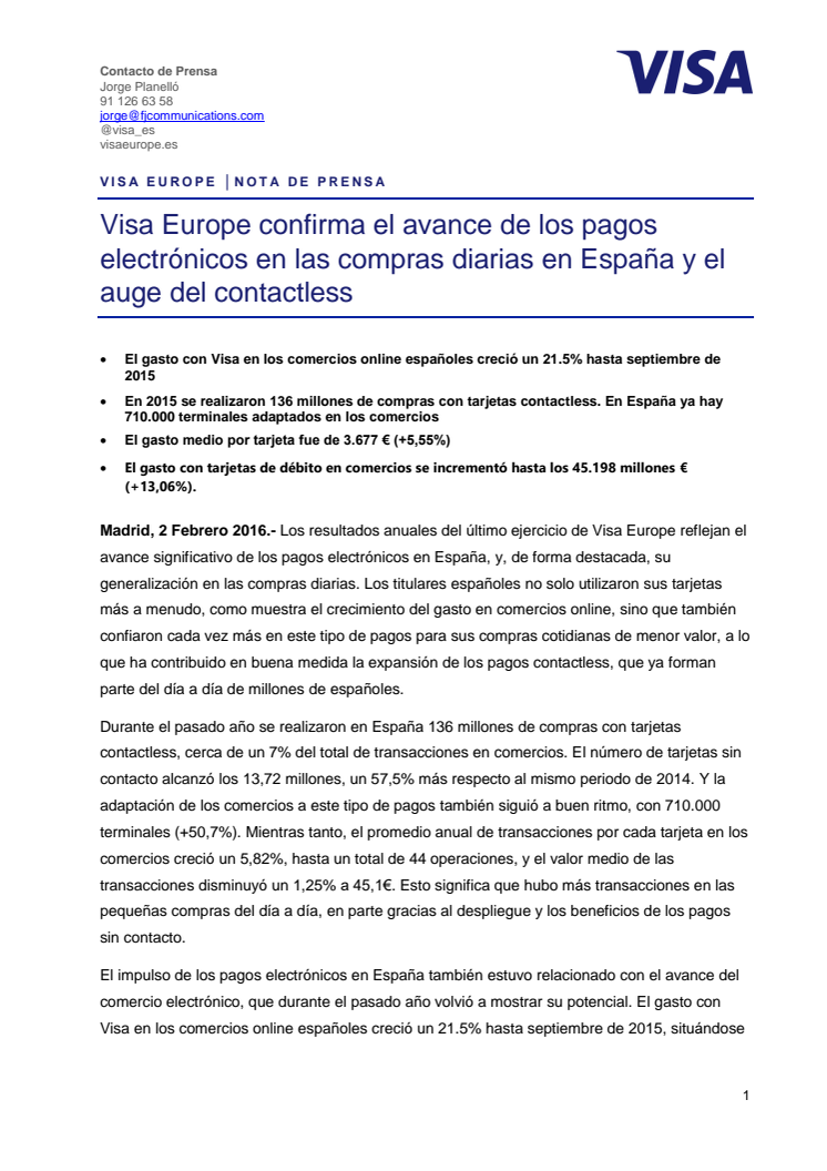 Visa Europe confirma el avance de los pagos electrónicos en las compras diarias en España y el auge del contactless