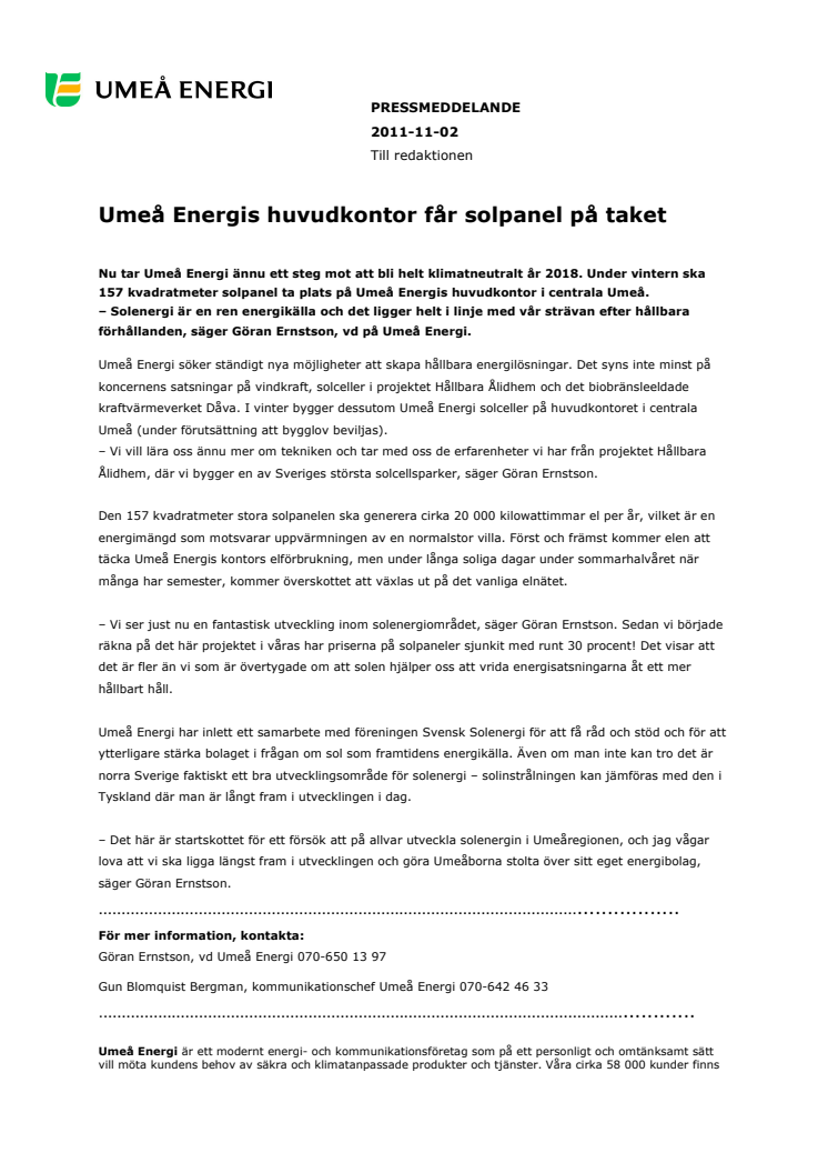 Umeå Energis huvudkontor får solpanel på taket