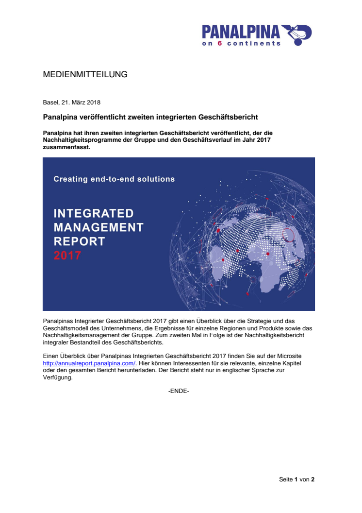 Panalpina veröffentlicht zweiten integrierten Geschäftsbericht