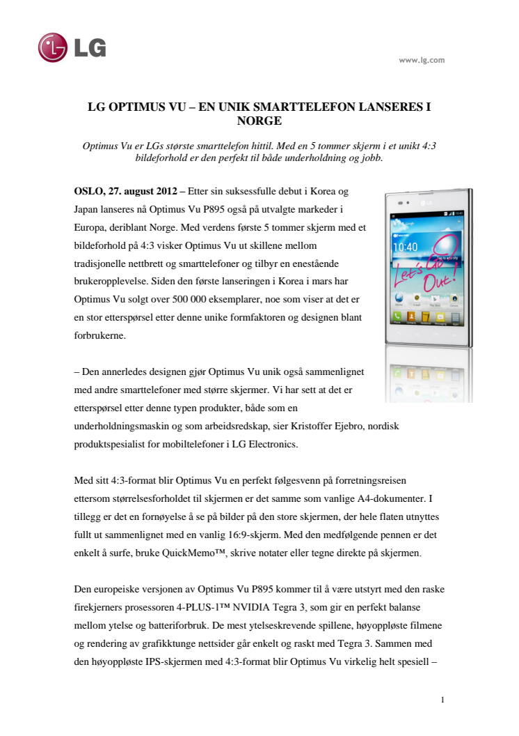 LG OPTIMUS VU – EN UNIK SMARTTELEFON LANSERES I NORGE